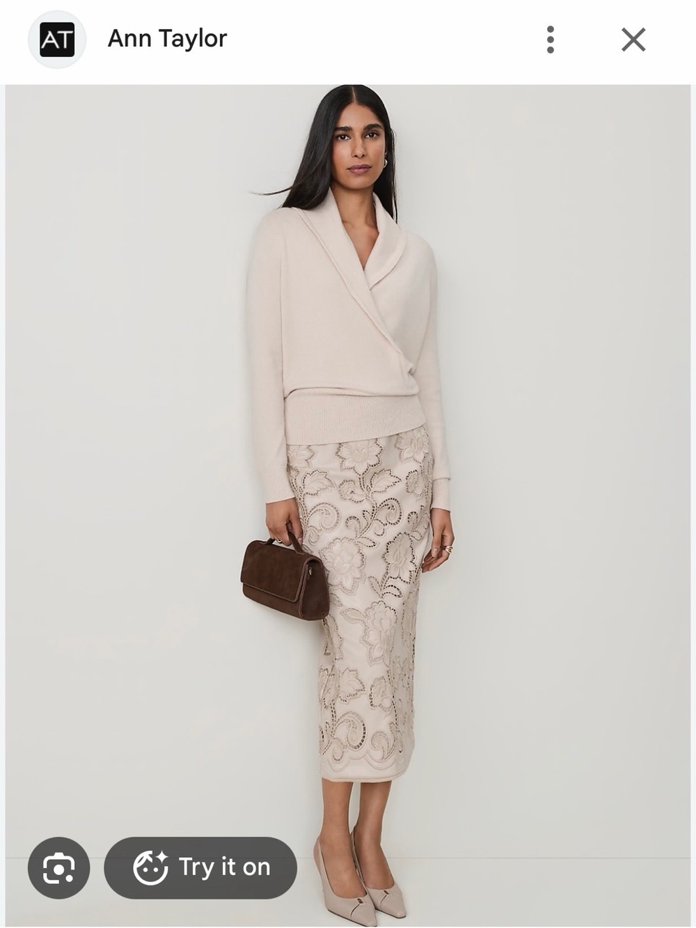 Ann Taylor Cream Lace-Embroidered Midi Skirt